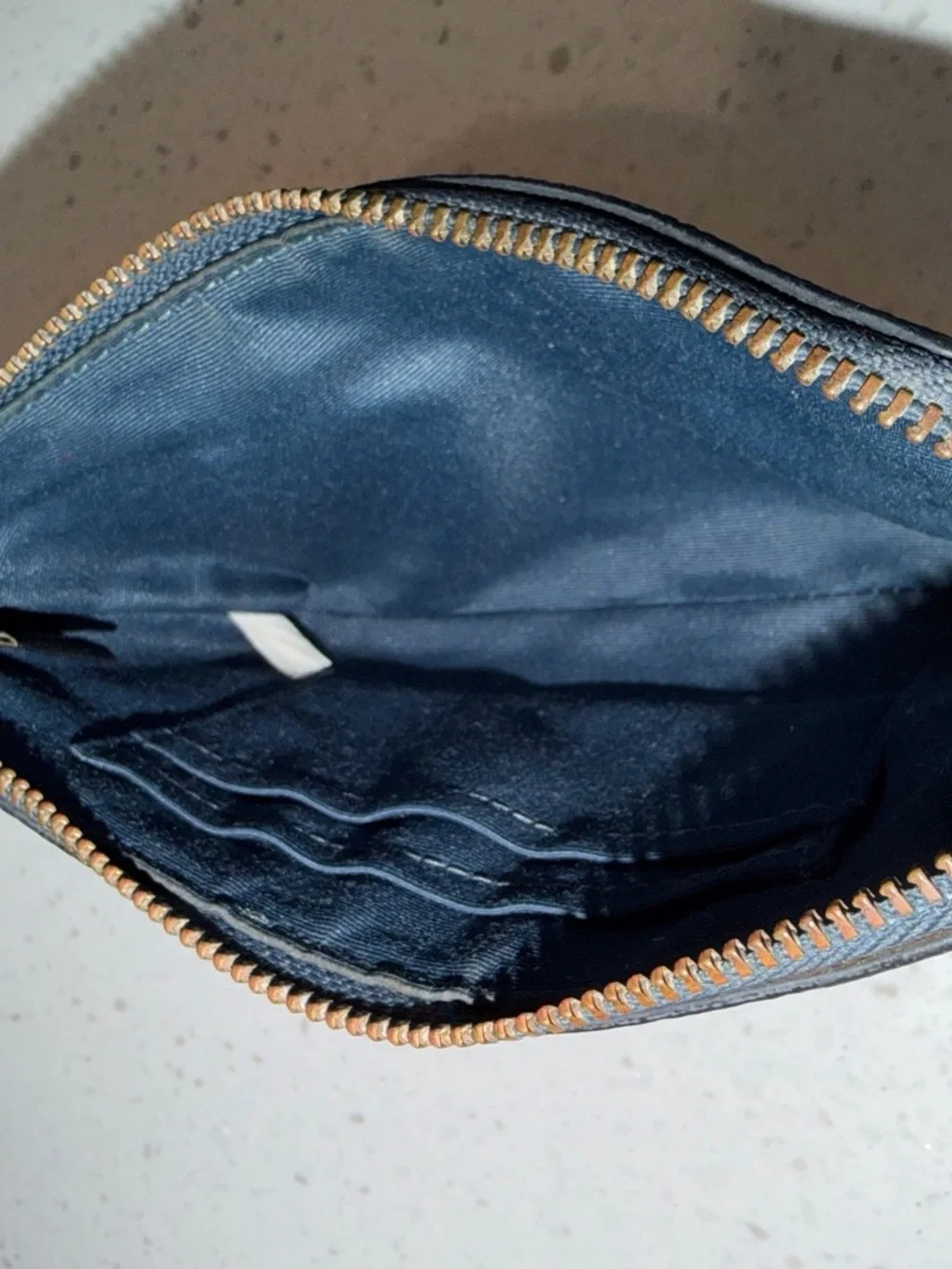 Coach Navy Leather Wristlet with Bronze Hardware